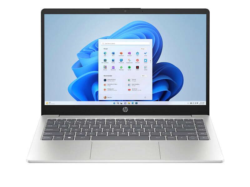 لابتوب HP 14-em0010ne، معالج Ryzen 5 7520U، ذاكرة 16 جيجابايت RAM، سعة تخزين 256 جيجابايت SSD، شاشة 14 بوصة FHD، نظام Windows 11، لون فضي طبيعي.